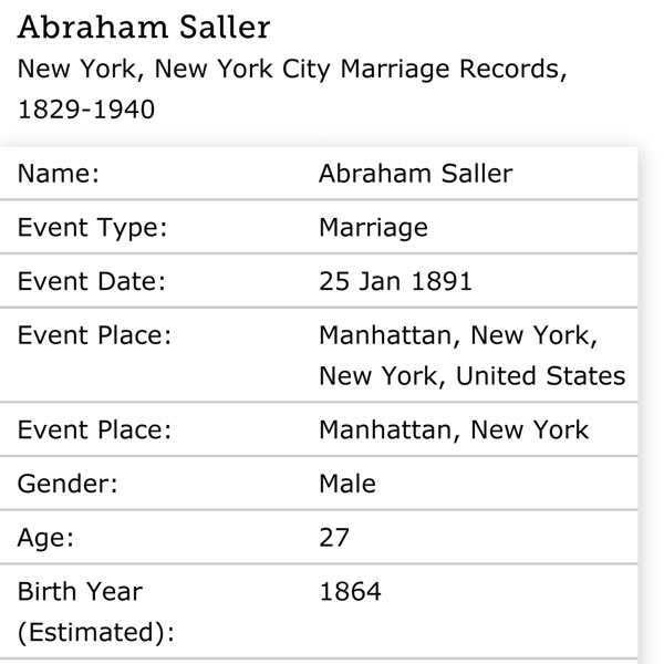 Abraham Saller New York City<br/>Marriage Record 25 Jan 1891 Abraham Saller New York City<br/>Marriage Record 25 Jan 1891