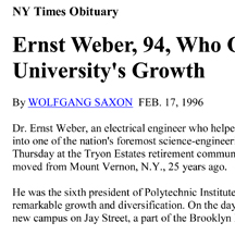 Ernst Weber, 94, Who Oversaw Polytechnic University's Growth Ernst Weber, 94, Who Oversaw Polytechnic University's Growth